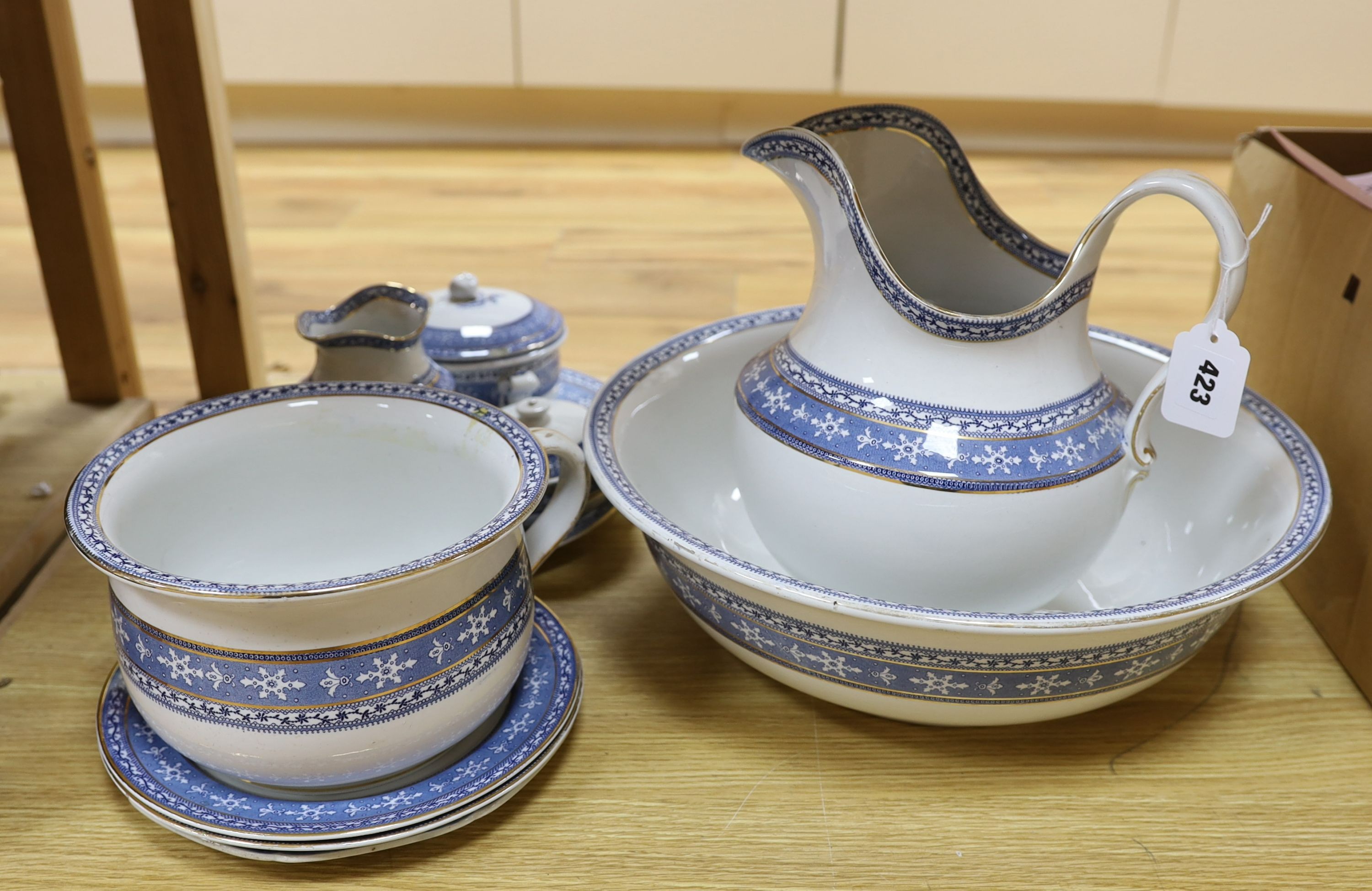 A blue and white Maltese pattern ceramic toilet set and a pearlware plate